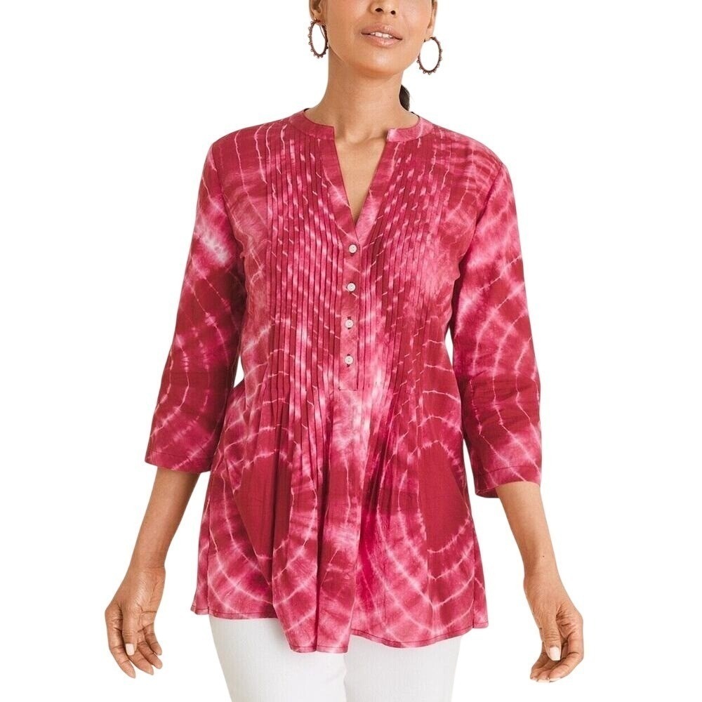 Chicos 3/4 Sleeve Tie Dye Pintuck Peasant Blouse Womens 2P Petite Red
